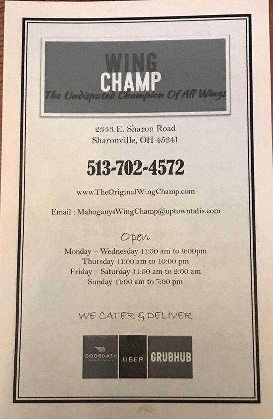 Menu at Wing Champ BBQ, Sharonville