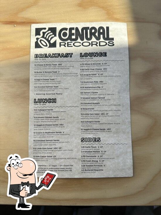 Menu at CENTRAL RECORDS pub & bar, Phoenix