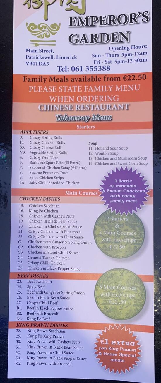 Menu at The Emperor's Garden restaurant, Patrickswell