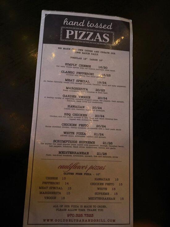 Menu at Gold Belt Bar & Grill, Ouray