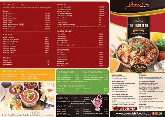 Menu at Swaadisht Foods Stanger restaurant, KwaDukuza