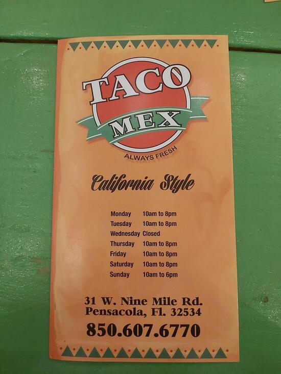 Menu at La Mexicana Supermarket restaurant, Pensacola