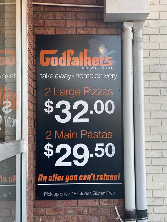 Menu at Godfathers on Westside Pizza & Pasta pizzeria, Geelong