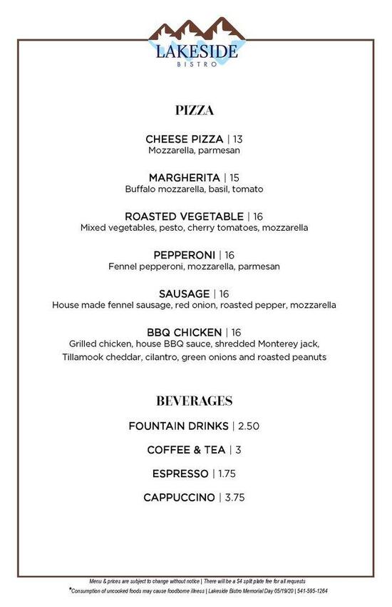 Menu at Black Butte Ranch Lakeside Bistro pizzeria, Black Butte Ranch