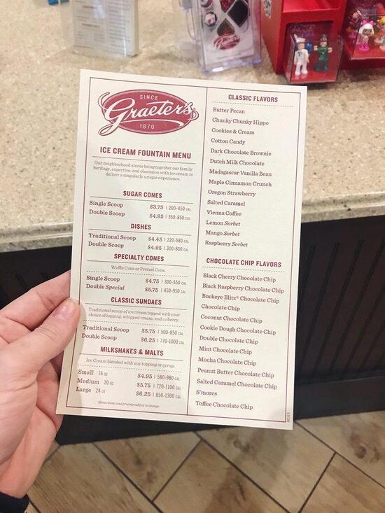 Menu at Graeter's Ice Cream restaurant, Columbus, Bethel Rd