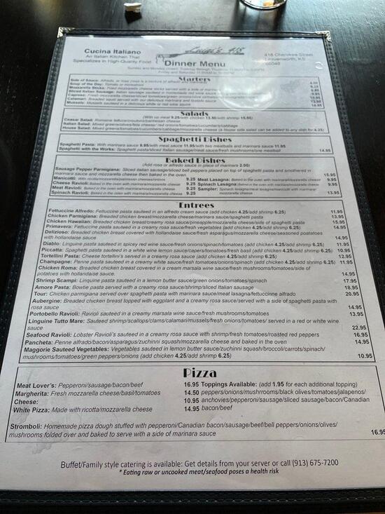 Menu at Luigi's 418 pizzeria, Leavenworth