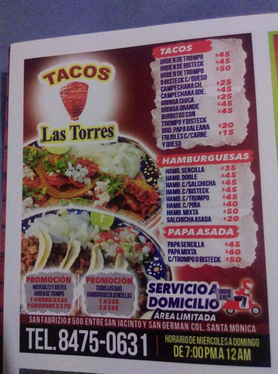 Carta Del Restaurante Tacos Las Torres Monterrey