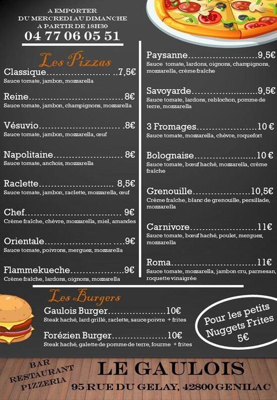 Menu au Le Gaulois pub et bar, Genilac