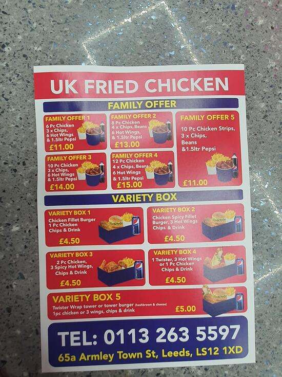 Menu at UKFC Fried Chicken restaurant, Leeds