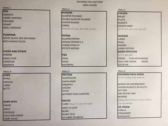 Menu at Balmedie Fish & Chip Shop restaurant, Aberdeen