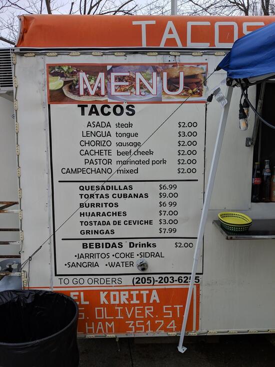 Menu at Tacos El Guero restaurant, Birmingham