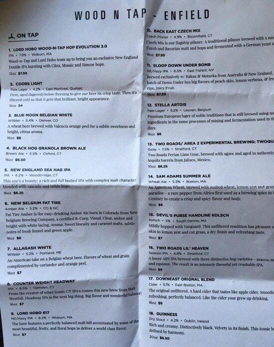 Carta del pub y bar WoodnTap Enfield, Enfield