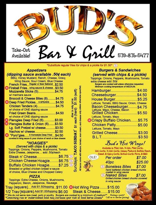 Menu at Bud's Bar & Grill, Archbald, 402 Ń Main St