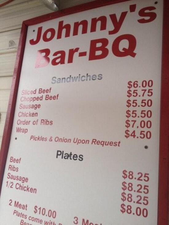 Menu at Johnny's bar-bq, Bryan