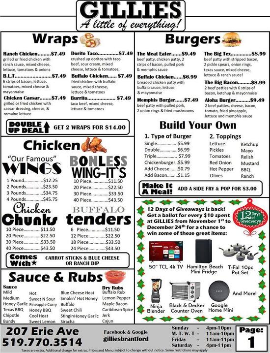 Menu at Gillies pizzeria, Brantford