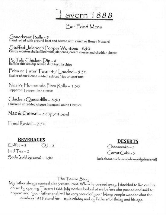 Menu at Tavern 1888 pub & bar, Ravenna