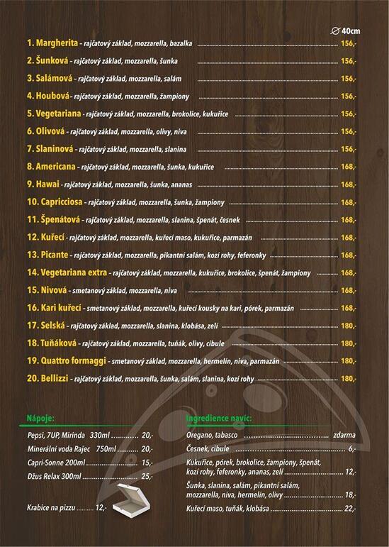 Menu at Pizza Bellizzi Beroun pizzeria, Beroun