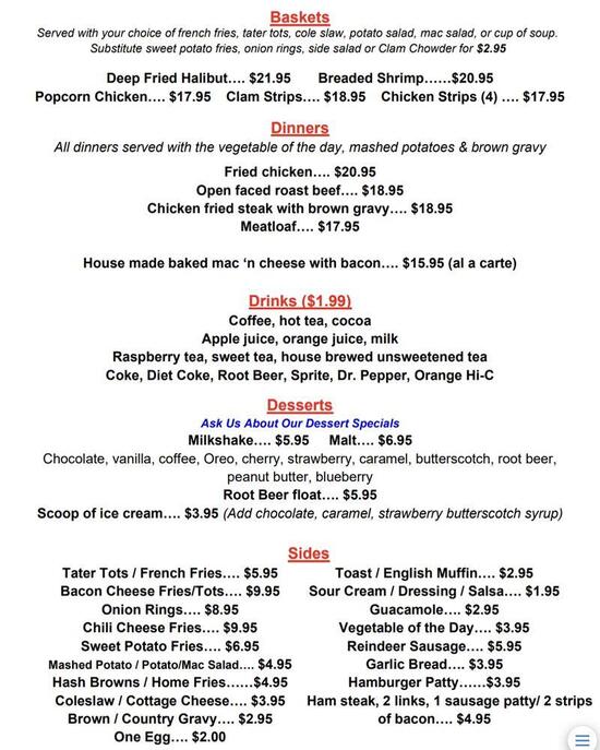 Menu at Ginger's Restaurant, Soldotna