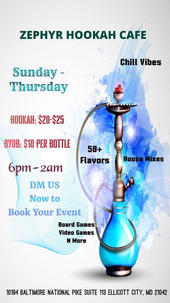 Carta de Zephyr Hookah Cafe, Ellicott City