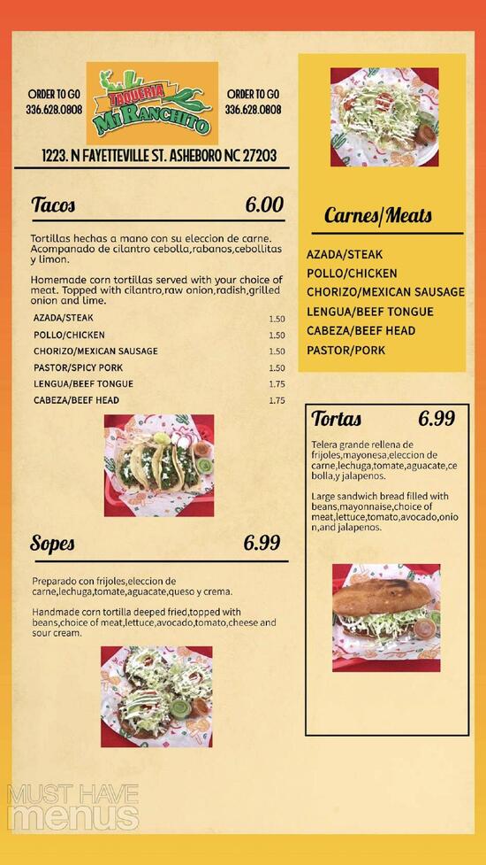 Menu at Taqueria Mi Ranchito restaurant, Asheboro