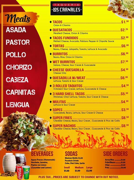 Menu at Taqueria Los Carnales restaurant, Montebello