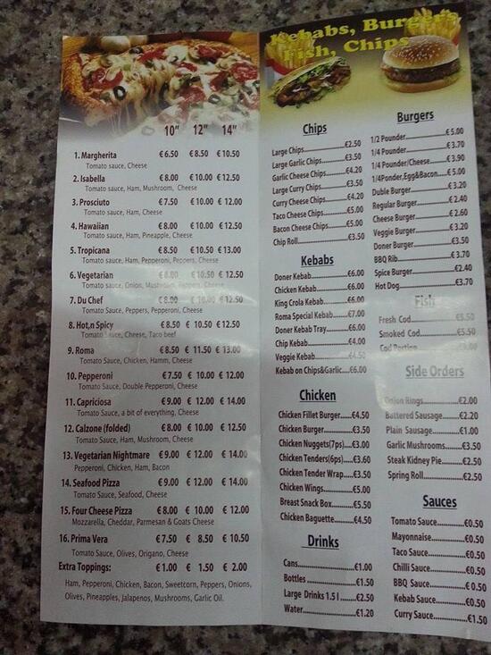 Menu at Lipton Kebab pizzeria, Killarney