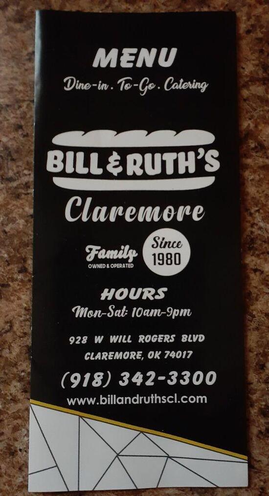 Menu at Bill & Ruth's Subs & Burgers - Claremore restaurant, Claremore ...