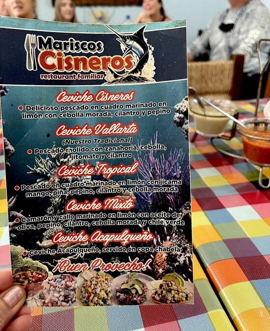 Menu at Mariscos Cisneros restaurant, Puerto Vallarta, Aguacate 271