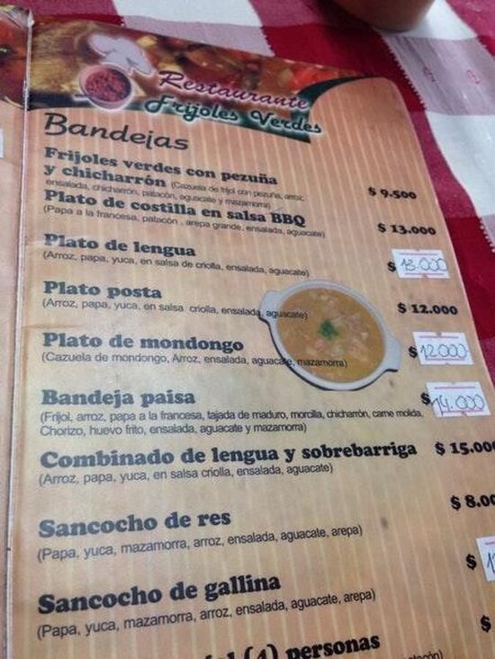 Menu at Los Frijoles Verdes restaurant Medellín