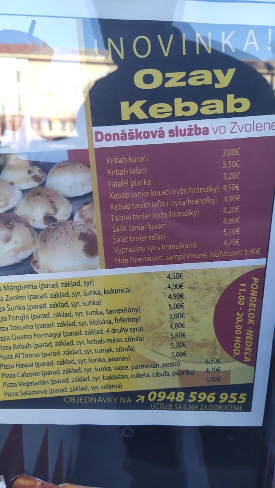 Menu at MD Kebab restaurant, Zvolen