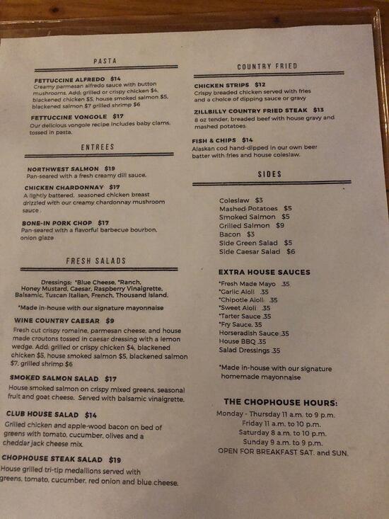 Menu at The ChopHouse at The Old Warehouse restaurant, Zillah
