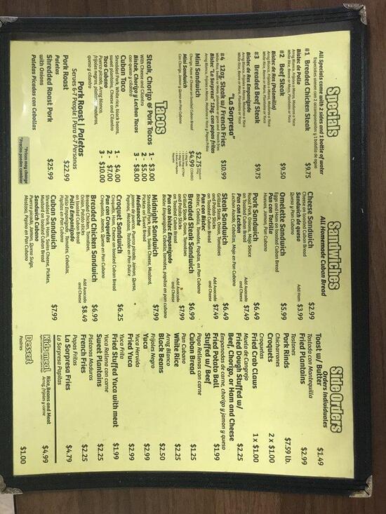 Menu at La Sorpresa Latina Cuban Cafe, Naples