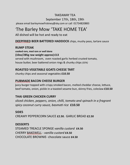 Menu at The Barley Mow, Wainfleet All Saints, Sea Ln