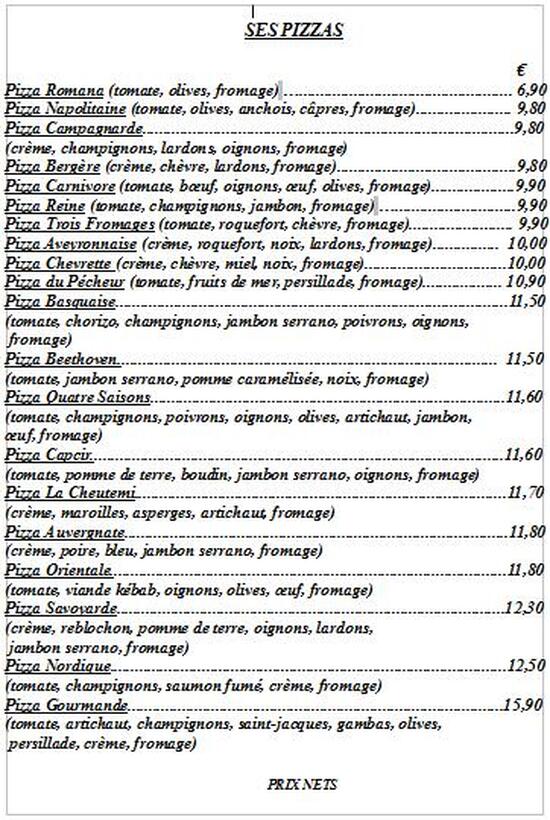 Menu at La Tapenade restaurant, Formiguères