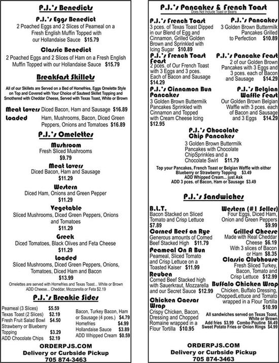 Menu at P.J.'s Diner, Peterborough, 809 Chemong Road ( Brookdale Plaza)