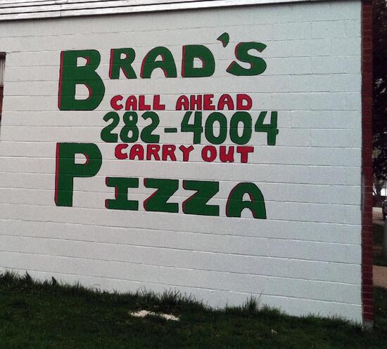 Menu at Brad's Pizza restaurant, Donahue
