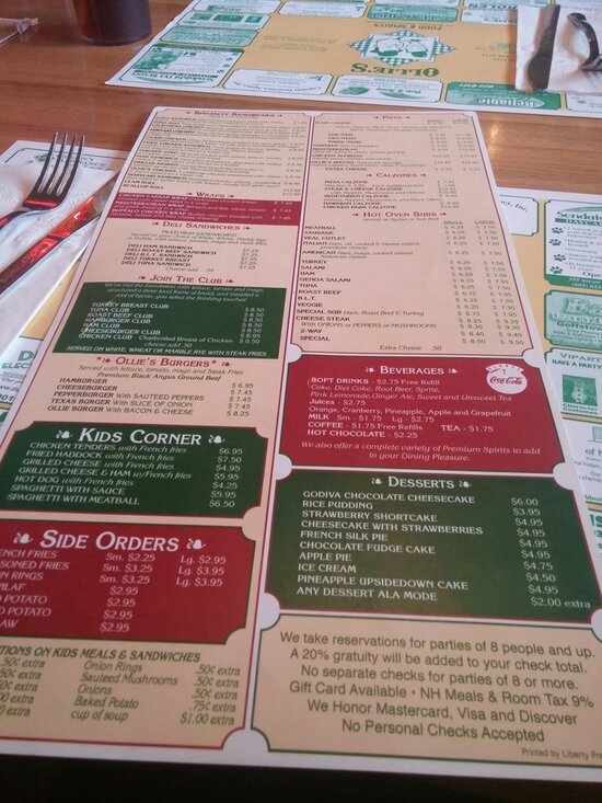 Menu at Ollie's Restaurant, Manchester, 761 Mast Rd