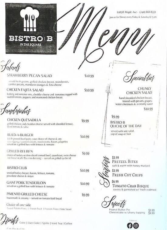 Menu at Bistro B In The Square restaurant, Zanesville