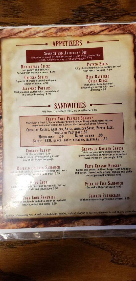 Menu at Fritz's Wooden Nickel steakhouse, Stillman Valley