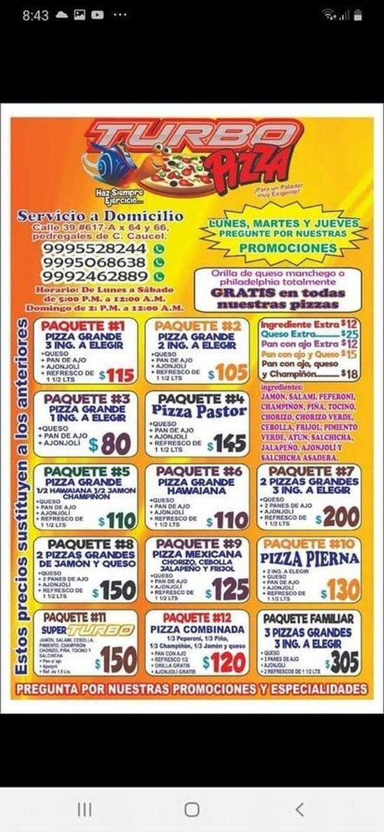 Menu at TURBO PIZZA caucel pizzeria, Merida