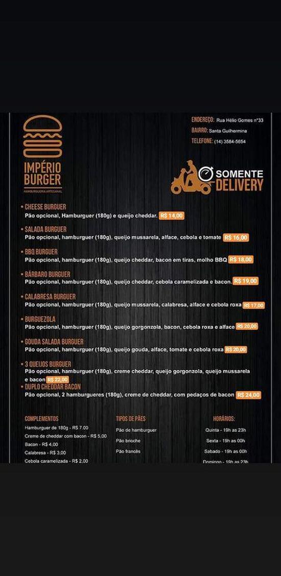 Menu at Império Burger pub bar Pirajuí