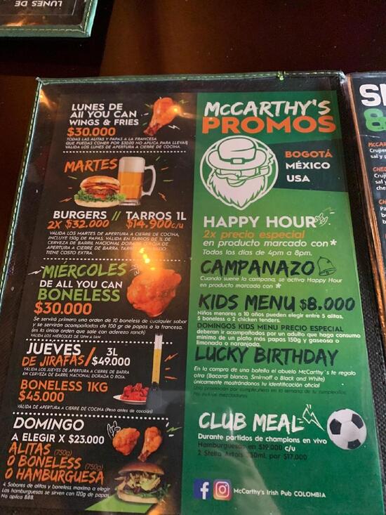 Menu at McCarthy's Irish Pub Bogotá - Zona Rosa, Bogotá