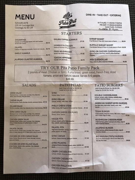 Menu at Pita Patio Grill restaurant, Coolidge