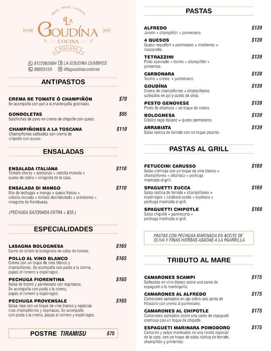 Menu at La Goudina Cumbres restaurant, Monterrey