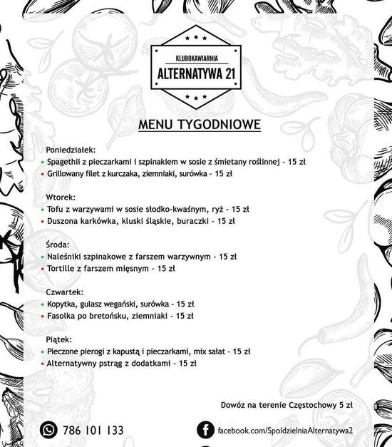 Menu at Klubokawiarnia Alternatywa 21 cafe, Częstochowa