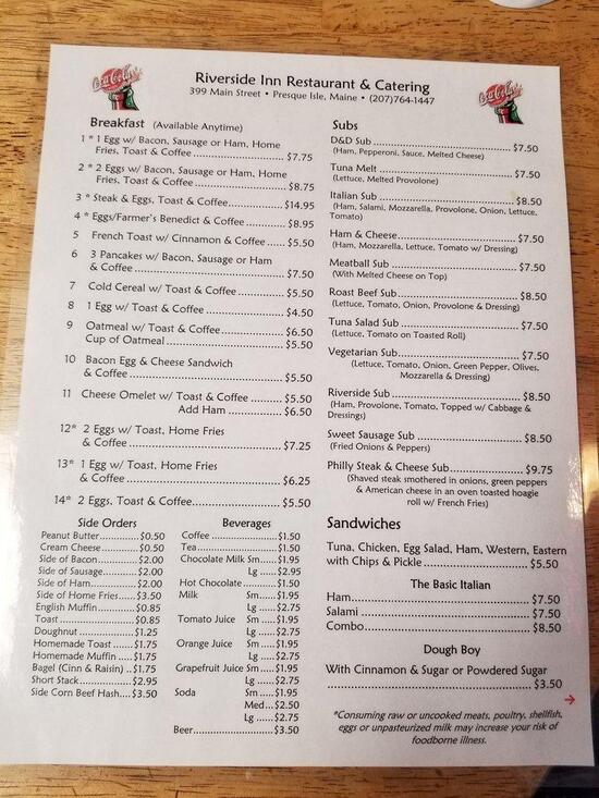Menu at Riverside Inn Restaurant, Presque Isle