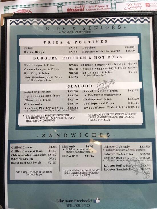Menu at Seashore Restaurant & Blue Rock Lounge, Meteghan