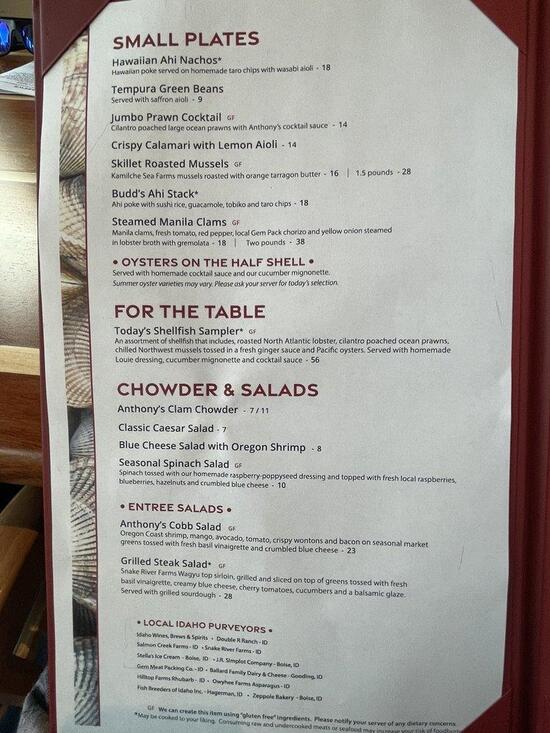 Menu at Anthony’s Restaurant Boise, Boise