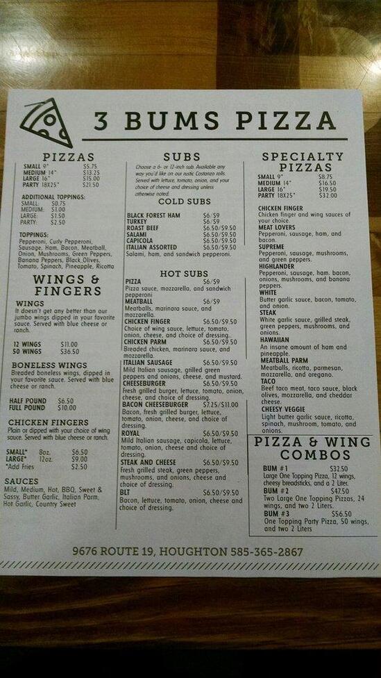 Menu at 3 Bums Pizza Houghton pizzeria, Houghton, NY19