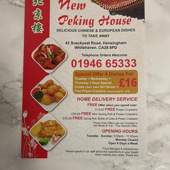 Menu at Peking house fast food, Whitehaven